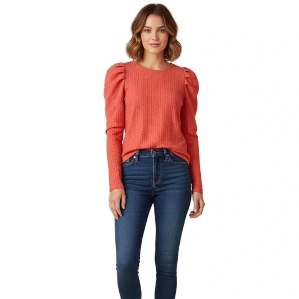 Loft Chic Petite Pleated Puff Sleeve Orange Knit Coral Long Sleeve‎ Top XS flaw